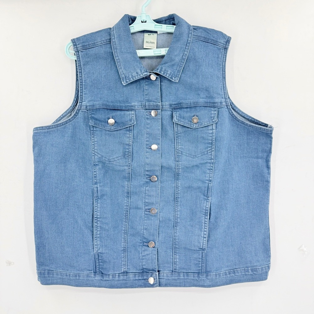 Blair Women's Stretch Denim Vest Size XL Blue Button Front Stone Wash